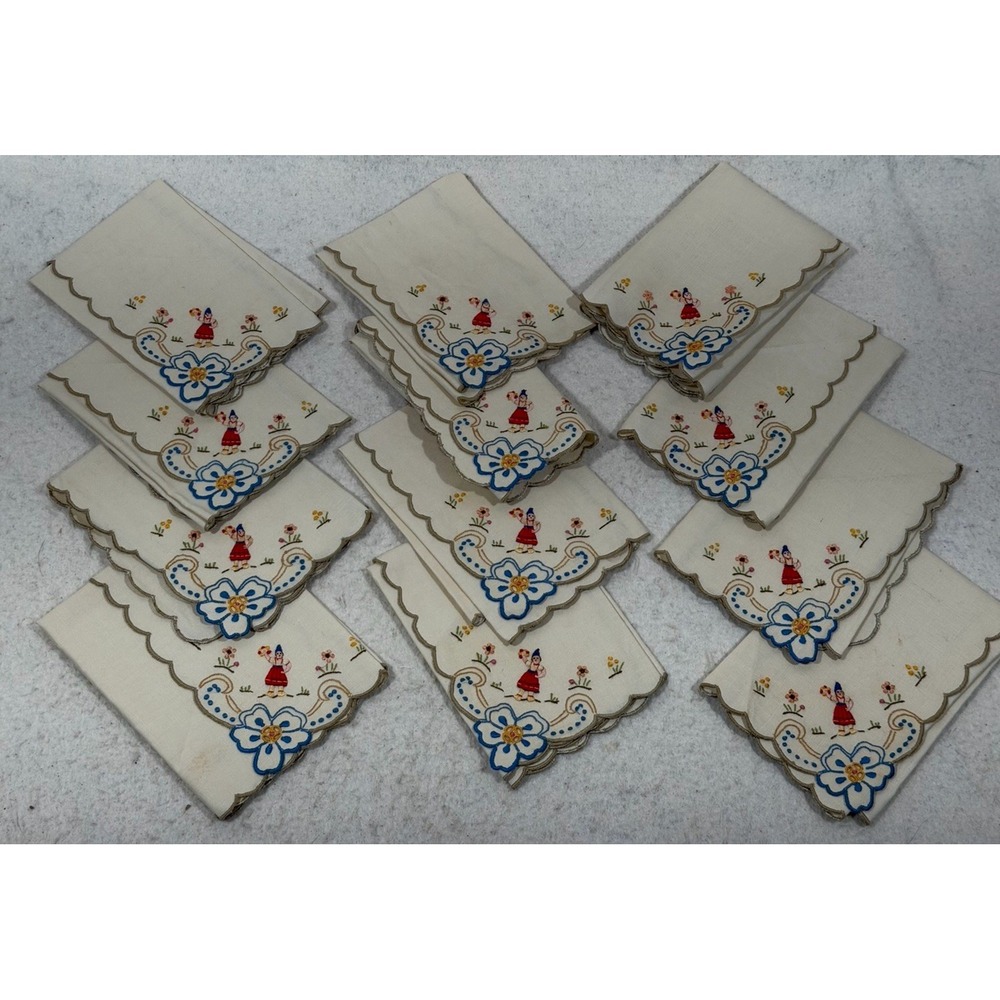 Vintage Dutch Hand Embroidered Napkins Set 12 Folk Floral Scalloped Cottage